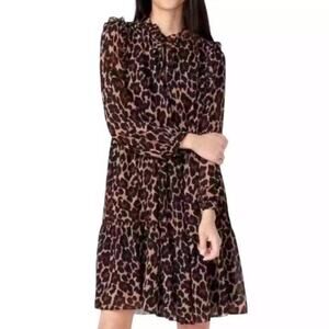 J.Crew Leopard Tie-Neck Tiered Chiffon Mini Dress Brown Black Size XS
